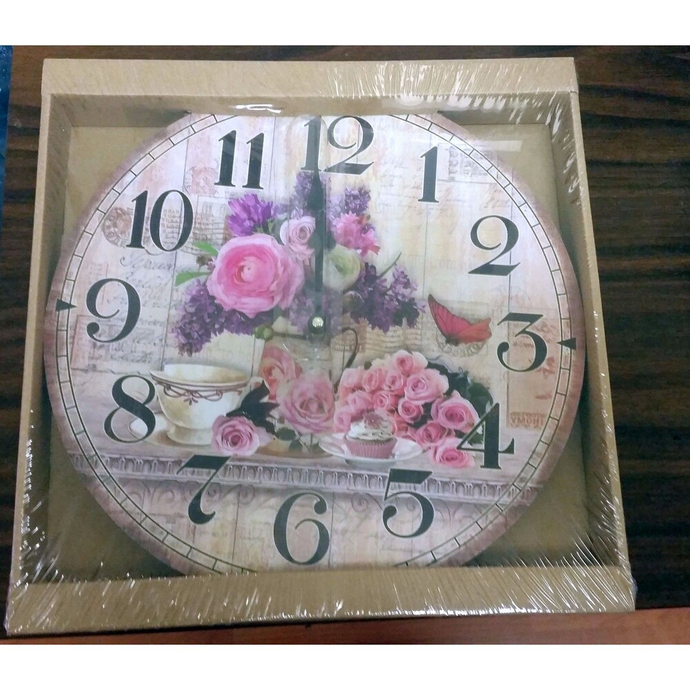 Round Wooden Kitchen Wall Decorative Clock, 12", FLOWERS & BUTTERFLIES